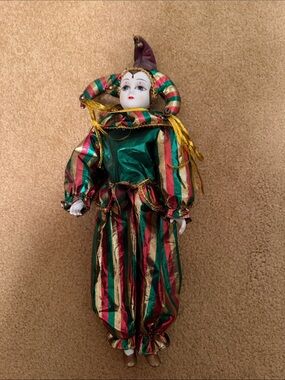 Vintage porcelain doll, Mardi Gras themed